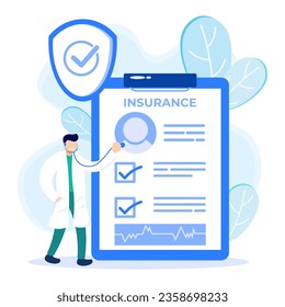 Ilustración vectorial de estilo plano, concepto de seguro médico, formularios de seguro médico cumplimentados, seguro médico para pacientes.