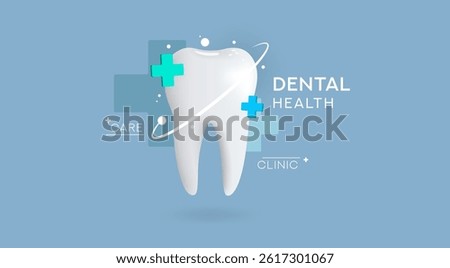 Flat style vector illustration of a healthy white tooth with orbit lines and medical crosses on blue background. Concept of dental health, oral care, dentistry, clinic services, and hygiene.