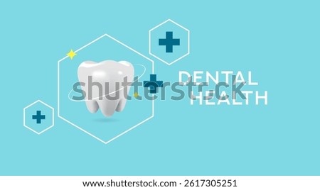 Flat style vector illustration of a healthy white tooth with orbit lines and medical crosses on blue background. Concept of dental health, oral care, dentistry, clinic services, and hygiene.