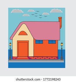Flat style vector illustration. House flat icon. A house along the road. Part of the rural landscape. 