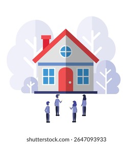 ilustração de vetor de estilo plano de uma casa com várias pessoas na frente dela. casa simples com árvore atrás dela
