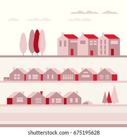 Flat style vector illustration. Vector illustration of houses with trees, sky and clouds.