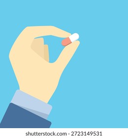Flache Vektorgrafik einer menschlichen Hand, die eine Pille zwischen den Fingern hält, die die Einnahme von Medikamenten, medizinische Behandlung, Gesundheitsversorgung und pharmazeutische Therapiekonzepte symbolisiert.