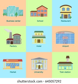 Flat style vector illustration icons set of colorful public buildings.