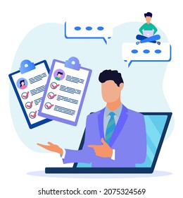 Ilustración vectorial plana de ideas sobre empleo y reclutamiento. Entrevista laboral en línea. Búsqueda del director de contratación.