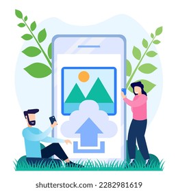 Ilustración vectorial de estilo plano de la carga de imágenes a través de smartphone, laptop, computadora. Para sitios web, páginas de inicio, aplicaciones móviles, afiches, banners.