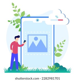 Flat style vector illustration of image upload via smartphone, laptop, computer. For websites, landing pages, mobile apps, posters, banners.