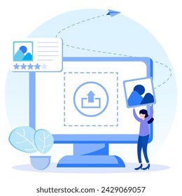 Flat style vector illustration of image upload via smartphone, laptop, computer. For websites, landing pages, mobile apps, posters, banners.