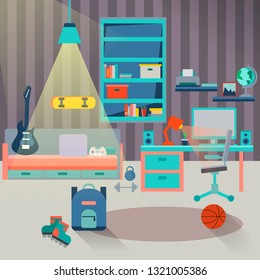 Flat style vector illustration. Interior of modern teenager room. 
