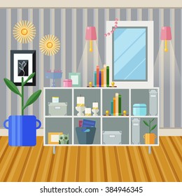 Flat style vector illustration. Vector interior design hall. Hallway interior with furniture. Hall inside the house in flat style.