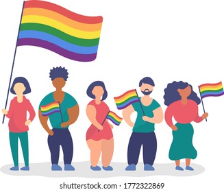 flat style vector illustration of international group of people with lgbt, lgbtq+ flags