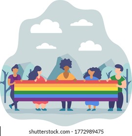 flat style vector illustration of international group of people holding a banner lgbt, lgbtq+ flags