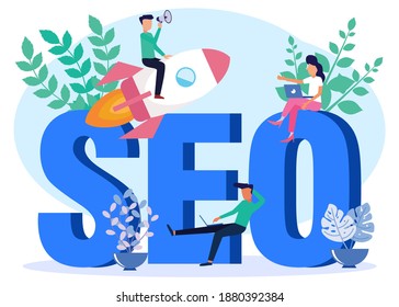 Ilustración vectorial de estilo plano aislada en fondo blanco. El carácter de la persona sentada en la carta SEO con un portátil. Realizar una búsqueda en línea.