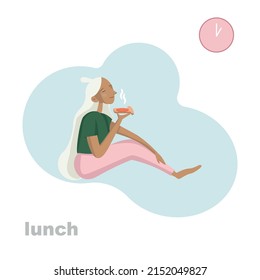 Flat style vector illustration isolated on white background.Pretty woman in green t-shirt and pink pants. In his hands she holds a sandwich with red fish.