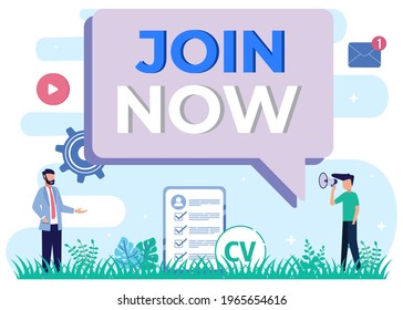 Flat style vector illustration of join now concept, recruitment with promotion people character. Can be used for web banners, infographics, hero images.