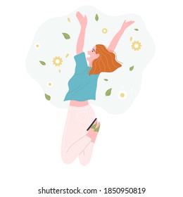 Flat style vector illustration of joyful cartoon woman character jumping on flower nature backgroung. Refreshing concept.