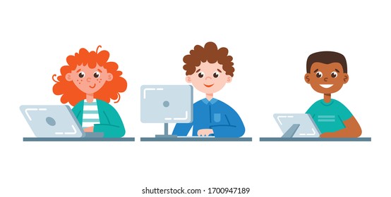 Flat style vector illustration of kids studying online. Home schooled children using gadgets. Online education concept.