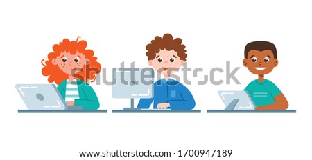 Flat style vector illustration of kids studying online. Home schooled children using gadgets. Online education concept.