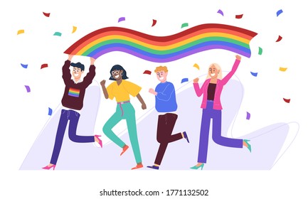 Flat Style Vector Illustration Of Lgbt Group Running And Holding Rainbow  Flag Swirly Above Their Head On Confetti Background. Pride Month Celebration. Lesbian, Gay, Transgender Love.