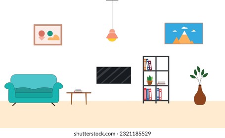 Flat style vector illustration of living room interior. Space consisting of furniture, sofa, bookshelf, tv, picture, table