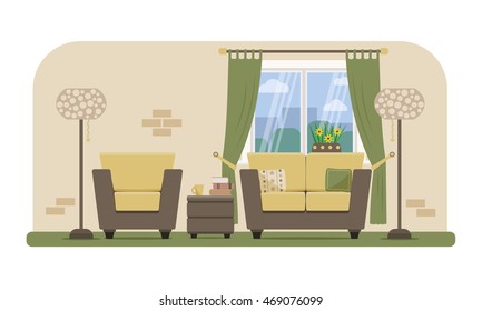 Flat style vector illustration of a living room with modern furniture.