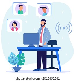 Flat style vector illustration of long distance business meeting concept. Head office, web conference with one corporate partner. Meeting online.