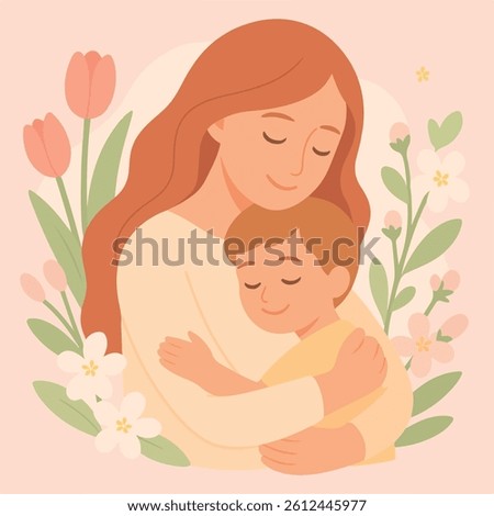 A flat style vector illustration of a loving mother hugging her child, surrounded by blooming apple blossoms and tulips. Perfect for Mother's Day cards, spring themes, and heartfelt designs.