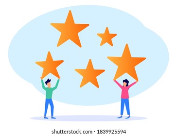 Flat style vector illustration. Male and female characters Give Five-Star Feedback. Clients Vote for Satisfaction Ratings and Leave Positive Reviews. Customer Service Concept and User Experience.