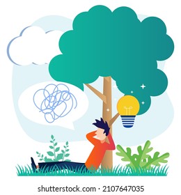 Flat style vector illustration, male character relaxing in the middle of a garden, taking off the boredom, trees and fresh plants.