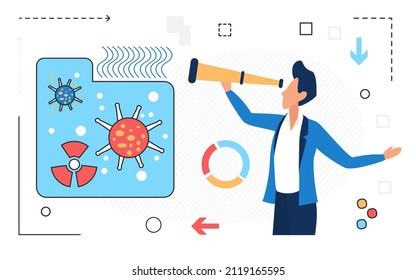 Flat style vector illustration of male scientist with spyglass examining virus molecules while developing innovative remedy