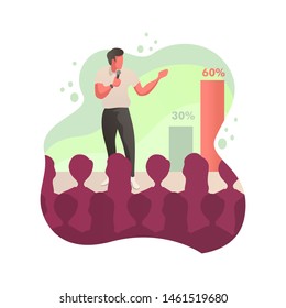 Flat Style Vector Illustration Of A Man Representation In Front Of Peoples. Sharing Idea, Product Launch And Company Report.