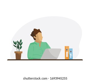 Ilustración Vector De Estilo Plano Con Un Personaje De Dibujo De Hombre. Administrador De Oficinas O Profesional Independiente Que Trabaja En Portátil Desde El Hogar. Concepto de trabajo remoto de autoempleado