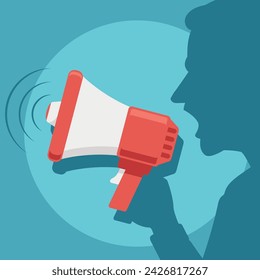 Flat style vector illustration of man talking in megaphone