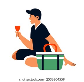 A flat style vector illustration of a man sitting and holding a glass and picnic basket. Isolated on white background, perfect for lifestyle and outdoor activity themes.