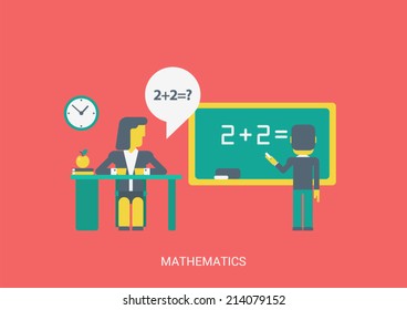 Flat style vector illustration math algebra or abstract lesson education study knowledge concept. School teacher sitting table student pupil solve task equation do sums. Flat collection.