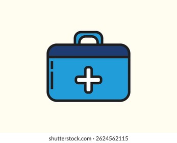 Flat style vector illustration of a medical kit icon, depicting a first aid box with a clear medical cross symbol. Designed with clean lines and bold shapes for easy recognition, this icon is perfect 