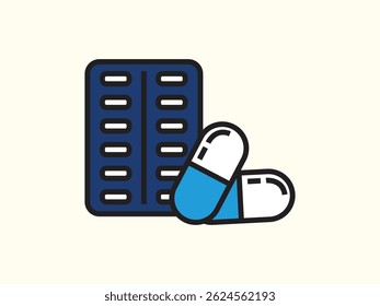Flat style vector illustration of a medicine icon, featuring a stylized pill capsule and tablet in a clean, modern design. Created with bold shapes and minimal details for instant recognition