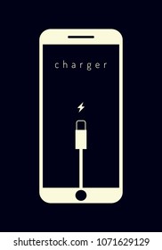 Flat style vector illustration. Mobile smartphones charging on dark blue background. Phone with a low battery charge and with USB connection. 