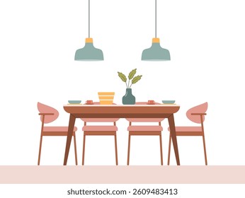 Flat style vector illustration of a modern kitchen with a wooden table and chairs, featuring a cozy, minimalist design. Perfect for home decor, interior design, dining, and lifestyle themes. 