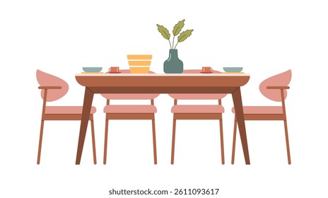 Flat style vector illustration of a modern kitchen with a wooden table and chairs, featuring a cozy, minimalist design. Perfect for home decor, interior design, dining, and lifestyle themes. 