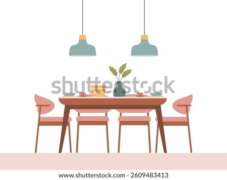 Flat style vector illustration of a modern kitchen with a wooden table and chairs, featuring a cozy, minimalist design. Perfect for home decor, interior design, dining, and lifestyle themes. 