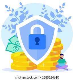 Flat style vector illustration of money protection in business, investment and assets. safe business economy, financial savings insurance.