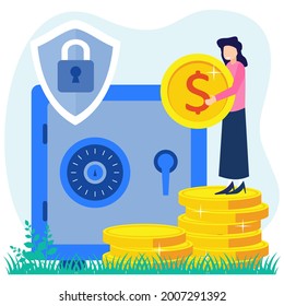 Ilustración vectorial plana de la protección monetaria en las empresas, la inversión y los activos. economía empresarial segura, seguro de ahorro financiero.