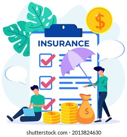 Ilustración vectorial de estilo plano, concepto de protección monetaria, tesoro, seguro de ahorro financiero, economía empresarial. Llenando documentos de seguro.
