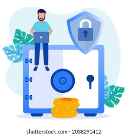 Flat style vector illustration of money protection in business, investment and assets. safe business economy, financial savings insurance.