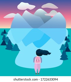 Dibujo vectorial de estilo plano de un paisaje montañoso. Niña viajera haciendo senderismo en un lago de montaña.