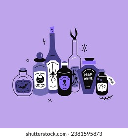 Flat style vector illustration with mysterious potion bottles in lilac shades.