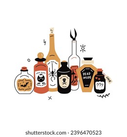 Flat style vector illustration with mysterious potion bottles in on white background.