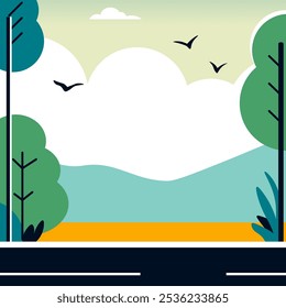 A flat style vector illustration of a nature scene with trees, birds, and a road. Ideal for landscape and outdoor-themed projects.