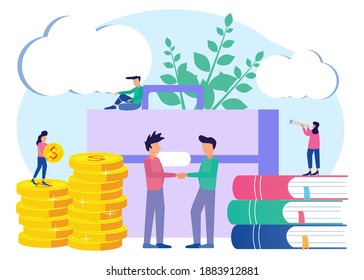 Flat style vector illustration of new startup opening, creative project financing. Education. Team work. The Investor concept saves money in ideas for web pages, social media, documents.